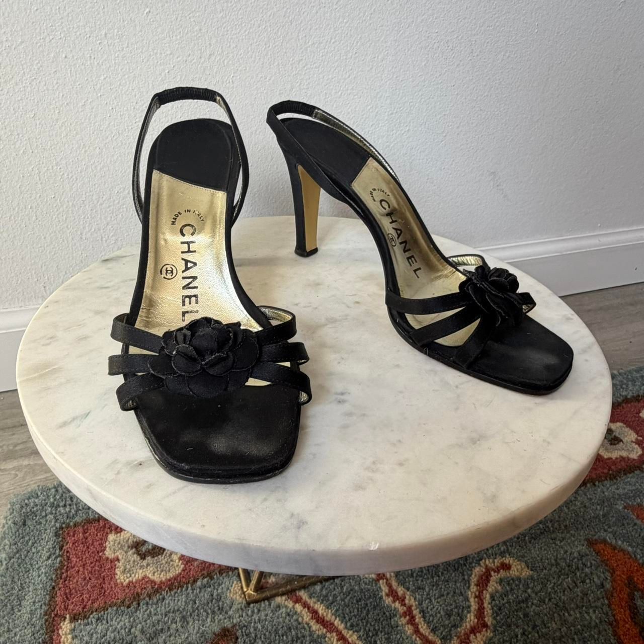 Vintage Y2k Chanel Black Satin Camellia Slingback Sandals